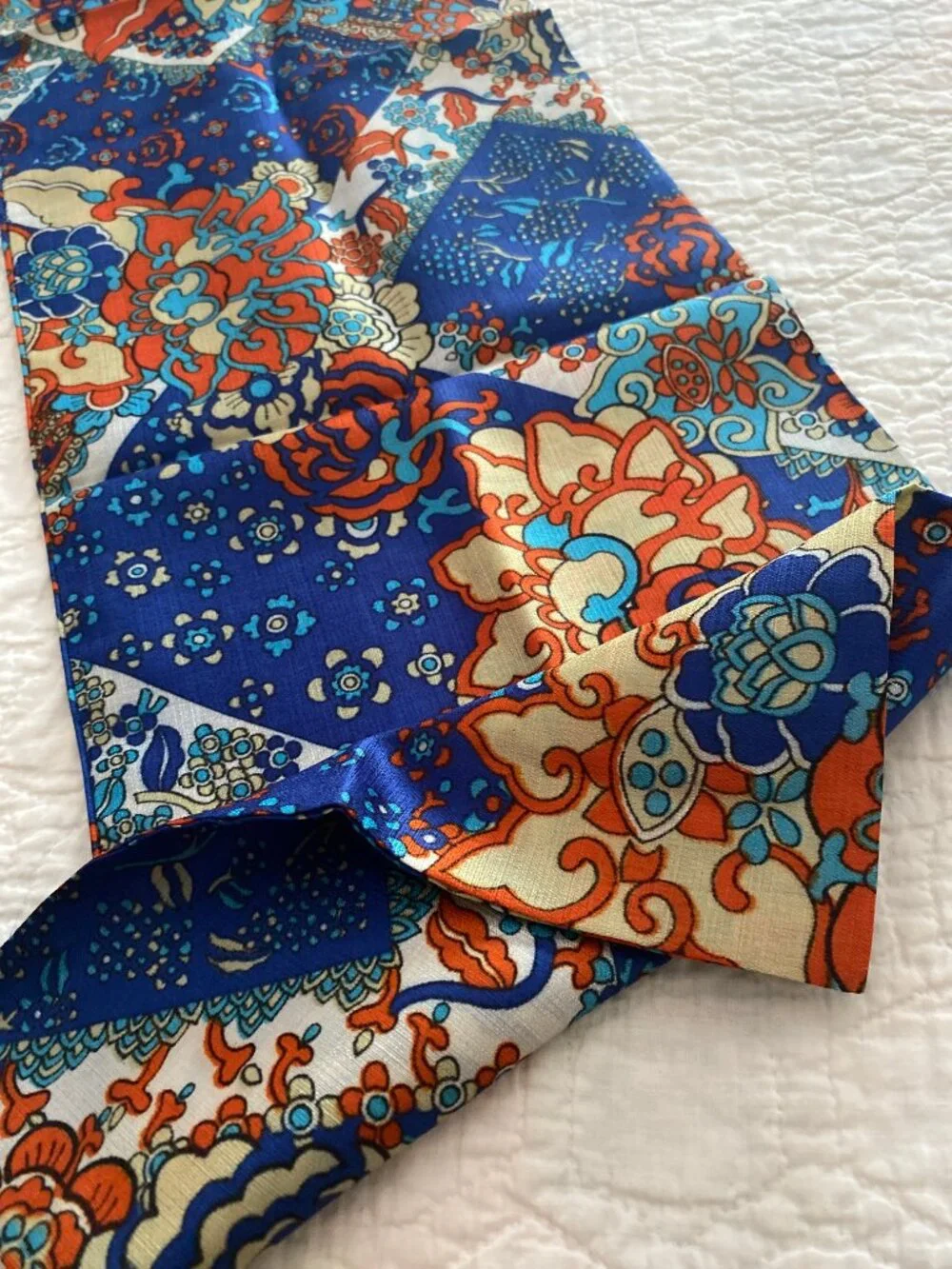 VINTAGE Floral Print Fashion Scarf - Colorful Blue Orange Turquoise Cream Scarf